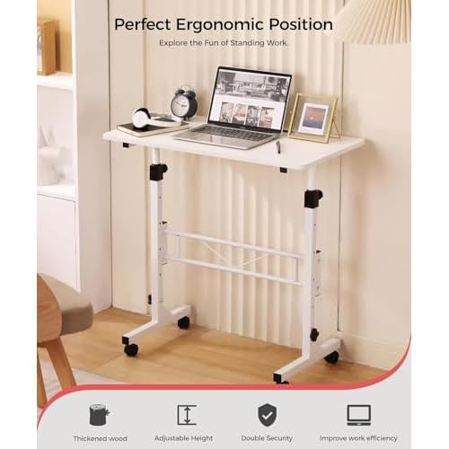 KLSMYHOKI Small Standing Desk with Wheels, Computer Desk Adjustable Height, White Rolling Stand Up Table, Portable Home Standing Desk 32 in X 16in Adjustable Height 27 in - 44 in