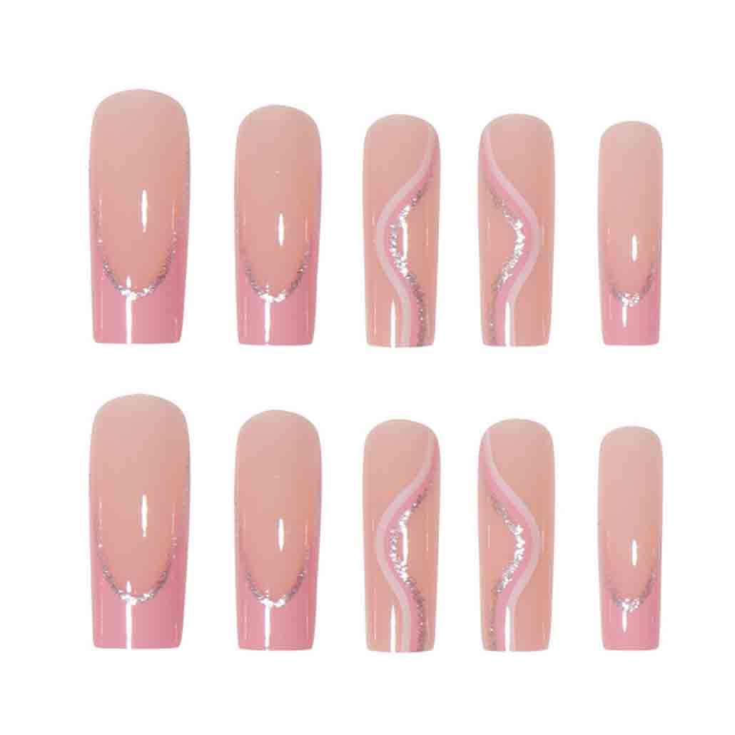 Foccna Pink Press on Nails Long Swirls French Fake Nails Square Bling Glossy False Nail Tips Artificial Nails Finger Manicure for Women and Girls-24pcs