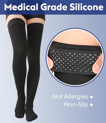 Thigh High Compression Stockings Closed Toe for Men & Women, Opaque, KEKING 15-20mmHg Graduated Compression Leg Support Hose with Silicone Band - Swelling, Varicose Veins, Edema, DVT, Black Large