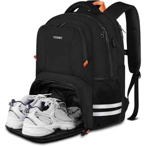Ytonet Gym Backpack For Men Women, Travel Sports Track Bag With Shoe Compartment USB Charging Port, Large Workout Laptop Backpack Water Resistant College Bag Fit 15.6 Inch, Camping, Black