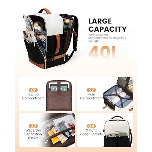 LOVEVOOK Travel Backpack for Women, TSA Carry On Backpack Flight Approved Luggage, 40L Water Resistant Personal Item Daypack Large Weekender Bag fit 17 inch Laptop with 3 Cubes, Beige-black-brown