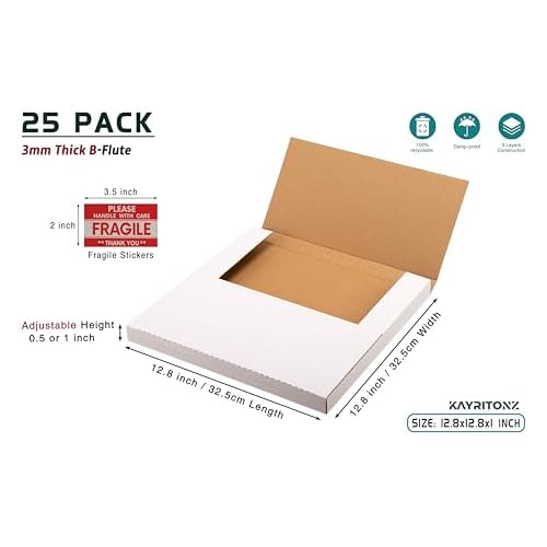LP Mailers, 12.8"L x 12.8"W x 1"D Corrugated Vinyl Records Shipping Boxes for Mailing Packaging Moving Storage, with Fragile Stickers, White, 25 Pack