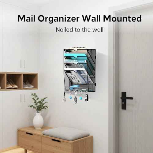 5 Tier Wall File Organizer - Hanging File Organizer with 5 Hooks, Mail Holder Wall Mounted for Papers, Folders, Magazines, Bills, Office&School Organization, Black