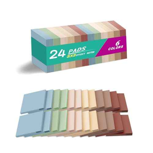 (24 Pads) Sticky Notes 3x3 inch, Self-Stick Pads Vintage Colors Sticky Note, Recyclable, Easy to Stick for Home, Office, Notebook