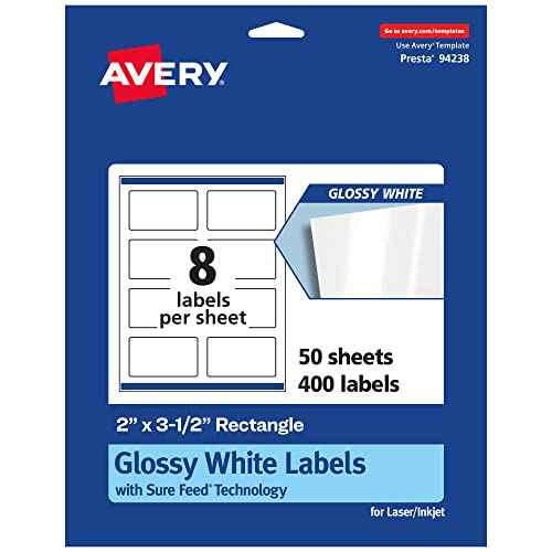 Avery Glossy White Rectangle Labels, Sure Feed Technology, 2" x 3.5", 400 Glossy White Labels, Print-to-The-Edge, Permanent Adhesive, Laser/Inkjet Printable