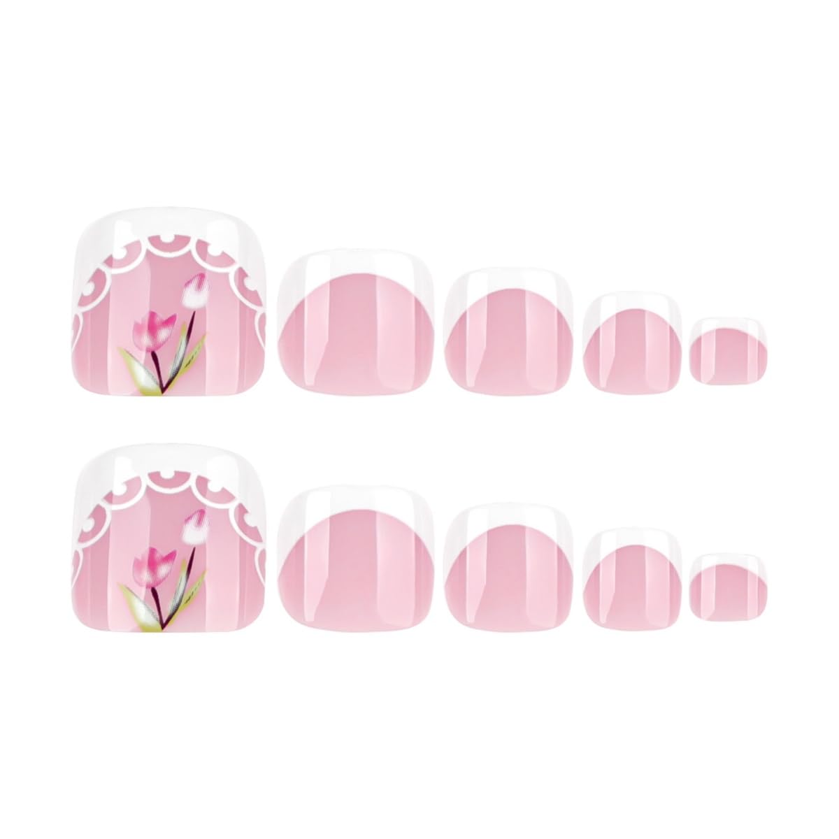 PEPFTG White French Tip Press on Toenails Short Square Fake Toenails with Flower Design Stick on Nails Pink Toe Nail Press Ons Glossy Summer Acrylic Glue on Toenail for Women Manicure 24Pcs