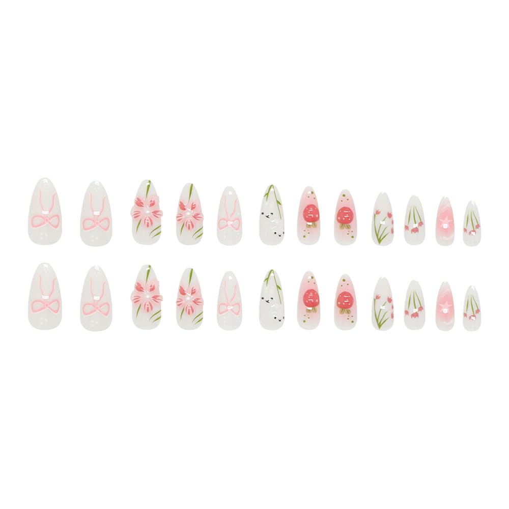 24 Pcs Summer Press on Nails Short Almond,MINGCHUN White Fake Nails Press ons Acrylic Nail Art Tips Kit Full Cover False Nails Glue on Nails with Flowers Strawberry Design for Women Nail Supplies