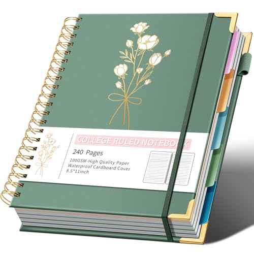 Hardcover Spiral Notebooks 8.5" X 11" Note Taking 5 Subject Notebook College Ruled with Dividers 240 Pages 100GSM Aesthetic Spiral Notebook for Work School Cute Journals for Women Writing