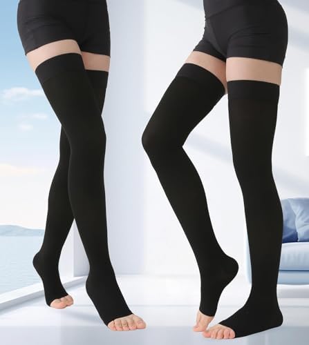 MGANG Medical Thigh High Compression Stockings for Men & Women, Pair, Open Toe, 20-30 mmHg Graduated Compression Support Hose, Opaque, Best for Varicose Veins, Edema, Flight, DVT, Swelling, Black M