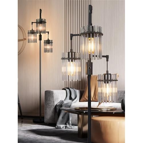 Industrial Floor Lamps for Living Room, Dimmable Floor Lamp Modern Standing Lamps with Glass Lampshade, Rotary Switch, LED Bulbs, Tall Lamps for Bedroom, Office (3 Lampshades(66inch))