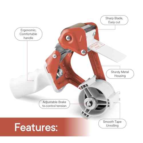 Heavy Duty Metal Frame Orange Packing Tape Dispenser 3 Inch Core with Special Ergonomic Handle, Tape Gun for Packing Boxes with Premium Tempered Steel Blade - for 3 inch Wide Roll