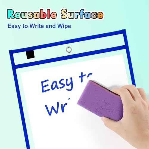 30 Packs Dry Erase Pocket Sleeves, Reusable Clear Plastic Classroom Pocket, 10x14 Inch Ticket Holders, Plastic Sleeves for School/Office Organization