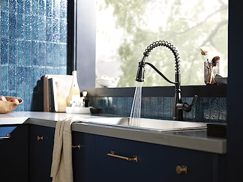 Moen Nolia Matte Black One-Handle Pre-Rinse Spring Kitchen Faucet with Pull Down Sprayer, Single Hole Kitchen Sink Faucet with Soap Dispenser, 87886BL