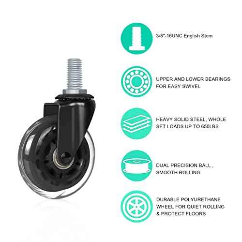Hirate 3" Office Chair Casters Wheel with 3/8"-16UNC Threaded Stem Heavy Duty Caster Replacement Smooth Rolling for Hardwood Floors, Set of 5 with Nylon Lock Nuts