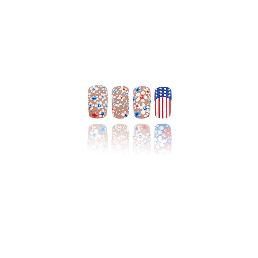 Flower Press on Nails Medium Square Cute Colorful 3D Flowers Fake Nails with America Flag Design False Nails Colorful Floral Full Cover Scrub Spring Summer Acrylic Nails for Women DIY Manicure 24 Pcs