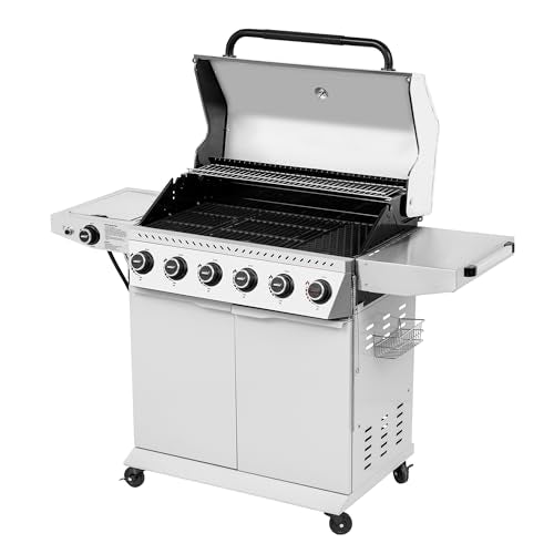 Royal Gourmet GA6406W 6 Burner Propane Gas Grill with Foldable Right-Side Table, 74,000 BTUs, Cabinet Style Gas BBQ Grill with Side Burner for Barbecue Grilling & Backyard Cooking, White