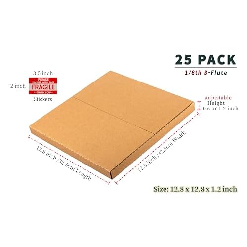Kraft Vinyl Record Mailers, 12.8"L x 12.8"W x 1"H LP Album Shipping Boxes for Packing, Moving, Storage, 25 Pack Multi Depth Mailing Box with Fragile Stickers