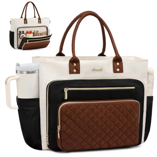 LOVEVOOK Teacher Tote Bag for Women Work, Laptop Bag With Large Cup Holder, Nurse Bags Professional Briefcase Business Computer Purses Handbag, Black-Beige-Brown, 15.6 Inch