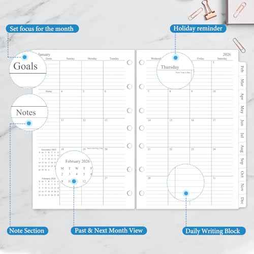 2026 Monthly Planner Refill, A5 Medium Size Planner Inserts for 7 Ring, 5.5" x 8.5", Jan. 2026 - Dec. 2026, 12 Monthly Calendars with Laminated Tabs, 7-Hole Punched
