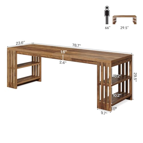 LITTLE TREE 78.7" Long Desk, 2 Person Desk with Shelves, Large Wooden Computer Desk, Heavy Duty Shelf Legs Design for Two Person Home Office, Business, Workstation, Brown (78.7" W x 23.6" D)