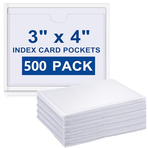 Outus 500 Pack Self Adhesive Index Card Holder Clear Plastic Label Pockets with Top Open for Loading Sticky Business Card Sleeves for Storage Bins Library Organizing Photo Protecting(3.5 x 4.4 Inch)
