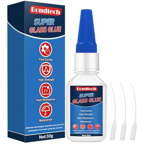 Glass Glue Clear Repair Heavy Duty 30 g, Super Glue for Glass with Anti-Clog Cap, for Acrylic, Mirror and More, Waterproof, Heat-Resistant