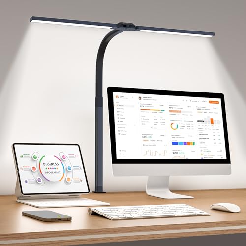 LED Desk Lamp for Home Office, Eye-Caring Desk Light with Clamp, 24W Double Head Architect Task Lamp Stepless Dimming, Flexible Gooseneck Bright Table Lamp for Study Reading Workbench Drafting