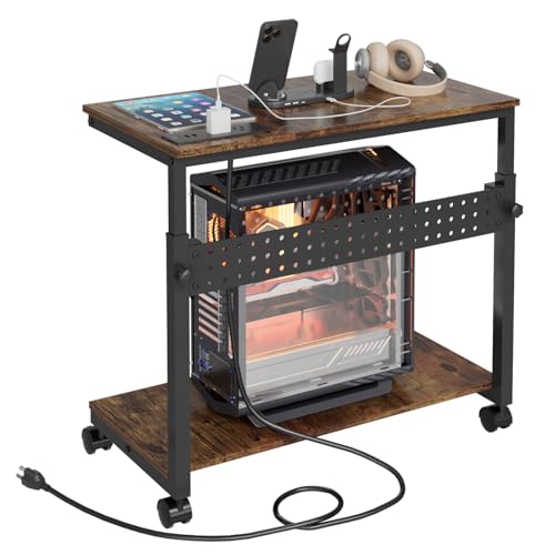 Computer Tower Stand with Charging Station, Height Adjustable 2-Tier CPU Stand with Power Strip and USB Ports, PC Tower Cart with Wheels and Printer Shelf, Rustic Brown and Black