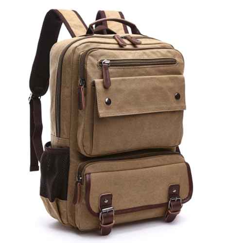 Canvas Backpack for Men Women, Vintage Rucksack Fit 15.6 Inch Laptop Travel Rucksack for Casual Hiking Travel Commute (Khaki)