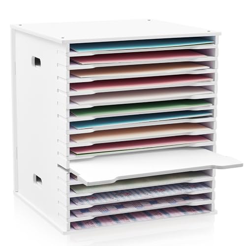15 Tier Scrapbook Paper Organizer 12 x 12 Inch Adjustable Desk Scrapbook Paper Sorter Storage Rack File Organizer Wide Document Holder for Office Desktop(12.99 x 13.78 x 14.96 Inches)