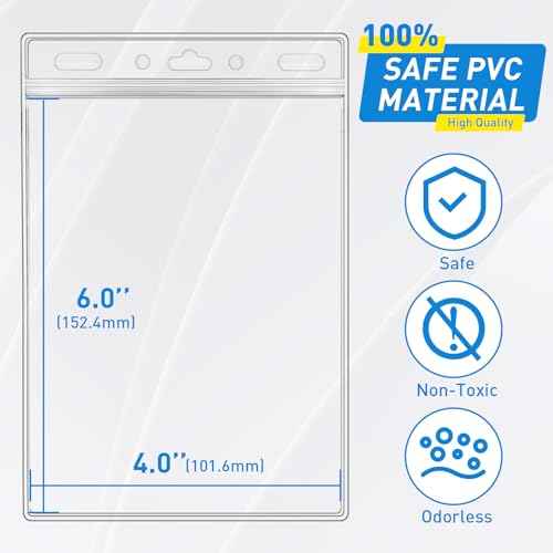 Vertical ID Badge Holders with Soft Edge (Sealable Fits 4x6 Inch Insert) (50 Pack), Waterproof Passport ID Card Holder, Name Tag Holder, Name Badge Holders, Zipper Plastic Badge Holder