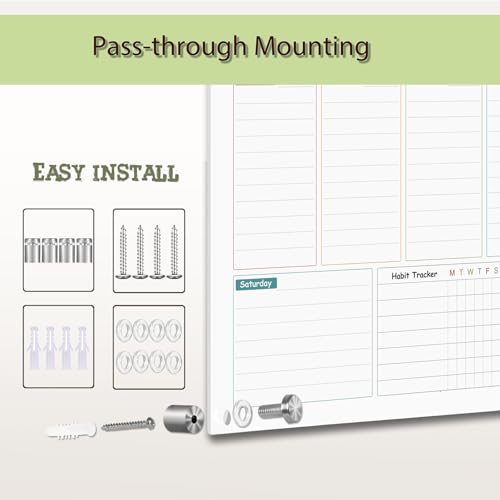 Glass Colorful Weekly Dry Erase Board for Wall,Weekly Planner Whiteboard for Wall 24"x18",Frameless Mounting,Medium Weekly Wall Calendar Dry Erase for Office/School/Home