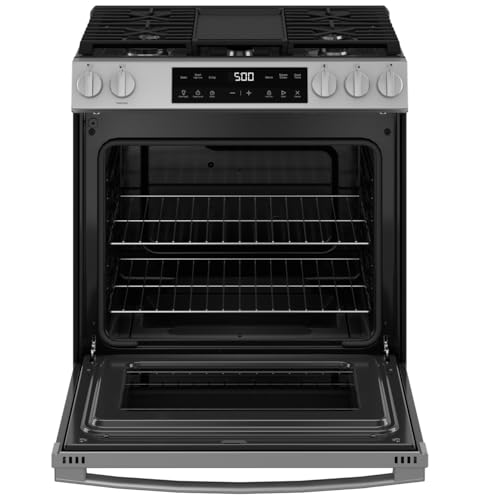 GE 30" Slide-In Front-Control Gas Range, 5.3 Cu. Ft. Oven, 5 Sealed Burners, Crisp Mode & Steam Clean, Stainless Steel – GGS500SVSS