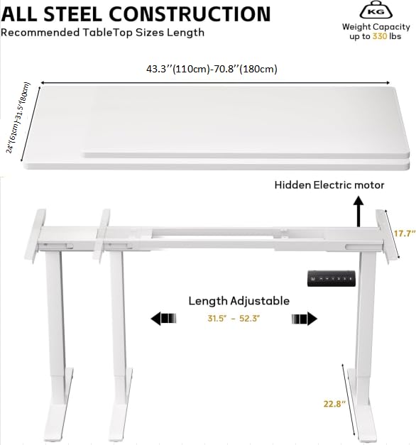 GallopFun 330lbs Dual Motor Standing Desk Frame for 43.3 to 70.8″ Desktop, Electric Adjustable Legs with Memory Presets, Stand Up Desk Frame Workstation for Home Office, White Frame Only