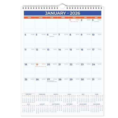 2026 Wall Calendar - January 2026 - December 2026, 12 Monthly Hanging Calendar, 2026 Planner, Size 11" x 17", Spiral Binding, Holidays, Julian Dates, Large Blocks, Twin-Wire Binding, Hanging Hook
