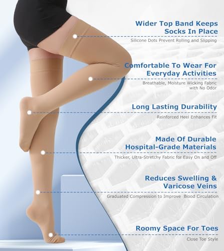 MGANG Medical 20-30 mmHg Compression Stockings for Women & Men, Pair, Thigh High Graduated Compression Socks, Closed Toe, Opaque, Support for Varicose Veins, Edema, DVT, Swelling, Flight, Beige L
