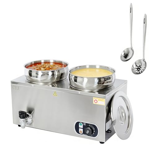 CTJ Electric Soup Warmer Two 7.4QT Commercial Food Warmer 304 Stainless Steel Bain Marie 86°F~185°F Adjustable, with Drain Faucet, Buffet Warmer Steam Table for Catering Restaurant Buffet