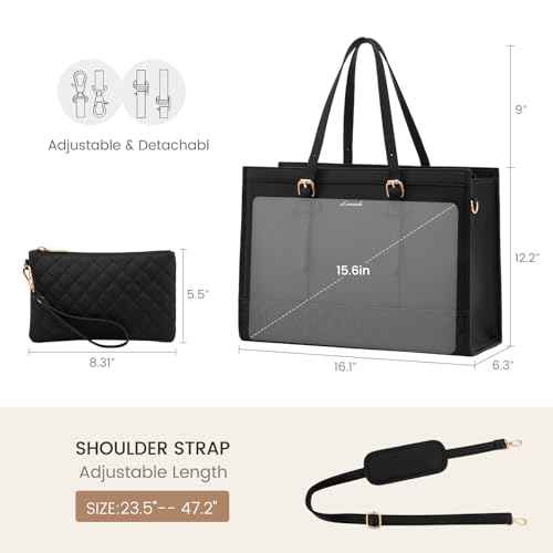 LOVEVOOK Women's 15.6 inch Laptop Tote, Waterproof PU Leather Computer Work Bag, Large Capacity Business Office Tote Black