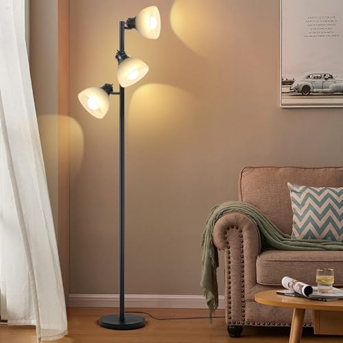 63" Modern 3-Head Adjustable Floor Lamp, Flexible Gooseneck Standing Lamp with Glass Shades for Living Room, Bedroom & Office,3x9W E26 LED Bulbs Included, Weighted Base