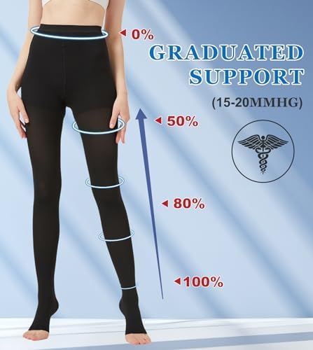 MGANG Medical Compression Pantyhose for Women & Men, 15-20mmHg Graduated Compression Support Tights, Open Toe, Opaque Waist High Compression Stockings for Edema, Varicose Veins, Flight, DVT, Black L