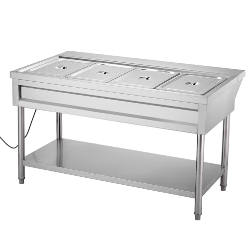 VEVOR 4-Pan Commercial Food Warmer, Electric Steam Table with Independent Temperature Control, 450W x 4 Stainless Steel Buffet Catering Food Warmer with Undershelf and Workspace, for Restaurant