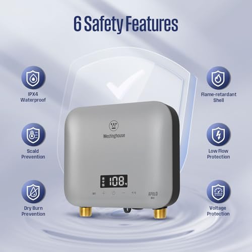 Westinghouse Apolo Mini 6.5kW Tankless Water Heater Electric, 240V Instant Hot Water, Smart WiFi Control, Compatible with Alexa & Google Home, Deep Blue