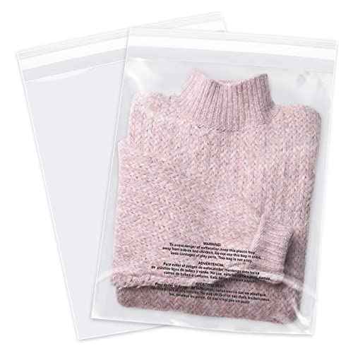 12" x 15" (500 Count) Self Seal Clear Poly Bags with Suffocation Warning for Packaging, Shipping, Clothing, Shirts & FBA - Resealable Adhesive