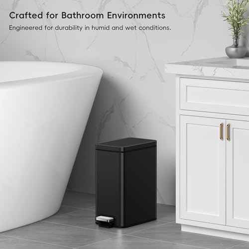 EKO Small Bathroom Trash Can with Lid Soft Close, Step Pedal, 10 Liter / 2.6 Gallon Stainless Steel Garbage Can with Removable Inner Bucket, Anti-Fingerprint Finish (Matte Black)