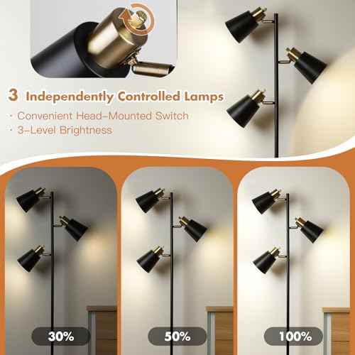 Tree Floor Lamp for Living Room, Industrial 3-Light Standing Lamp with 3 LED Bulbs, Adjustable Rotation Heads, Standing Tall Pole Lamp Farmhouse Rustic Reading Lamps for Bedroom Office (Black Gold)