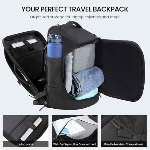 Large Travel Backpack for Men 40L, Carry On Backpack TSA 17.3 Inch Laptop Mochila Flight Approved, Large Business Daypack Waterproof,Carry on bag Weekender College for Men Women, Black