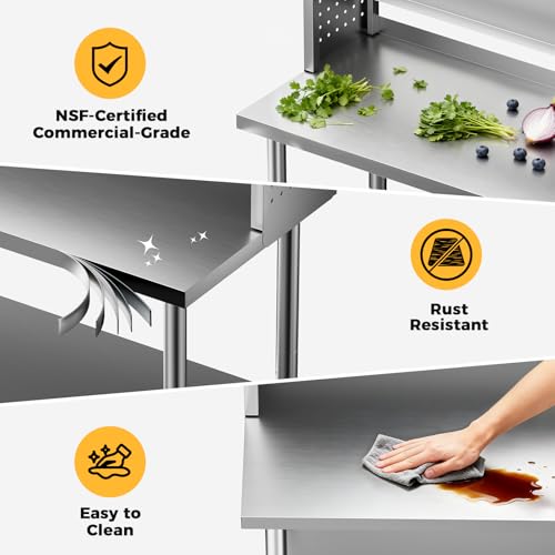 CAMMOO 60x24 in NSF All Stainless Steel Table with Adjustable Shelf & Pegboard Panels & Casters, Kitchen Prep Table Commercial Heavy-Duty Worktable with Large Space Storage for Restaurant Garages