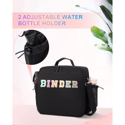 3 Ring Zipper Binder 3 Inch D Rings with Double Water Bottle, Cute Water-Resistant Zip Up Middle School Binder, 700-Sheet Capacity Organizer & Multiple Pockets & Shoulder Strap & Laptop, Black