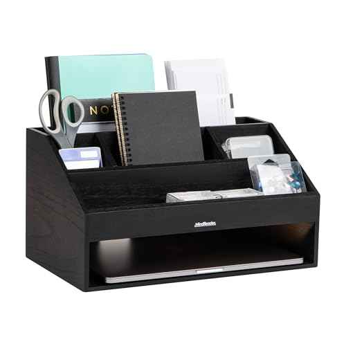 Mind Reader Desk Organizer, File Storage, Accessory Holder, Cord Management, Office, Wood, 16.25" L x 9.5" W x 8.5" H, Black
