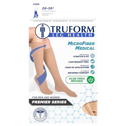Truform 20-30 mmHg Medical Compression Stockings, Aloe Infused Microfiber, Knee High, Closed Toe, Beige, Small